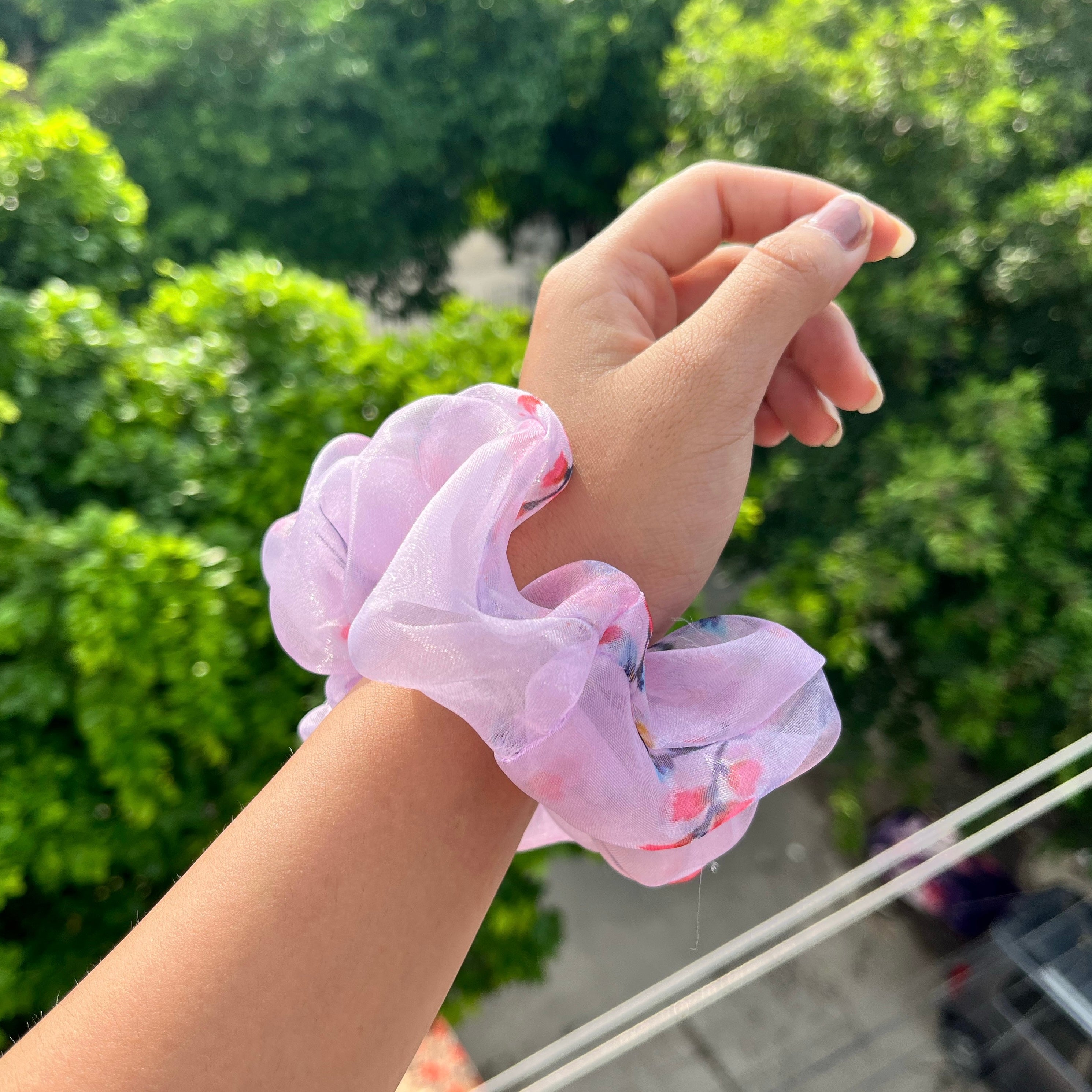 Lavender Printed Organza Scrunchie