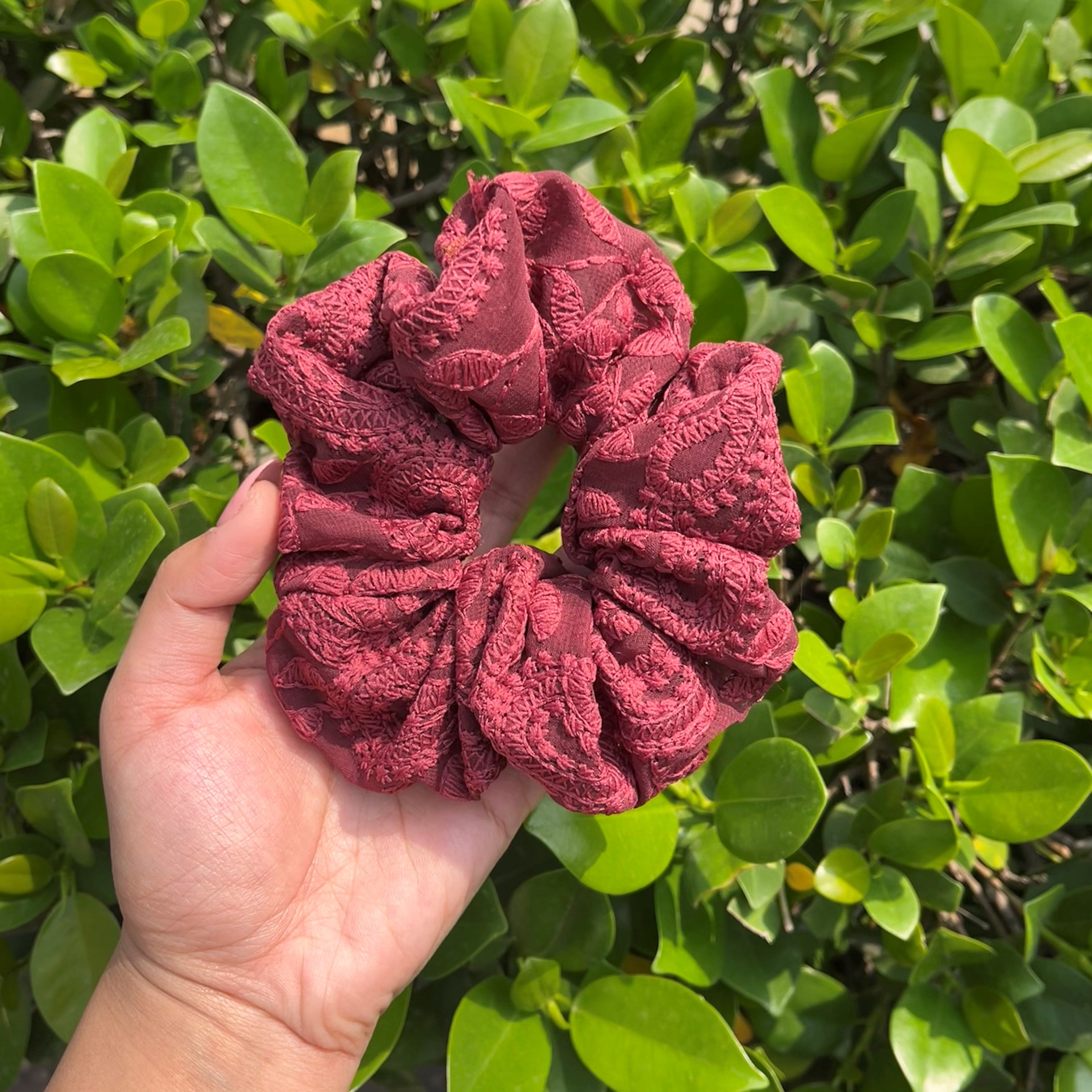 Maroon Chikankari Scrunchie