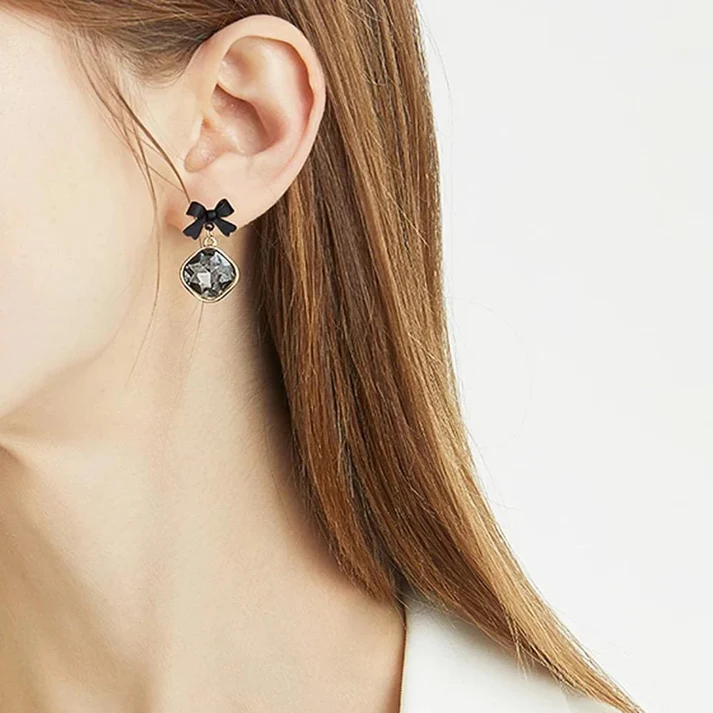 Black Bow Crystal Drop Earrings - Image 3