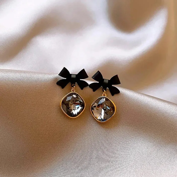 Black Bow Crystal Drop Earrings