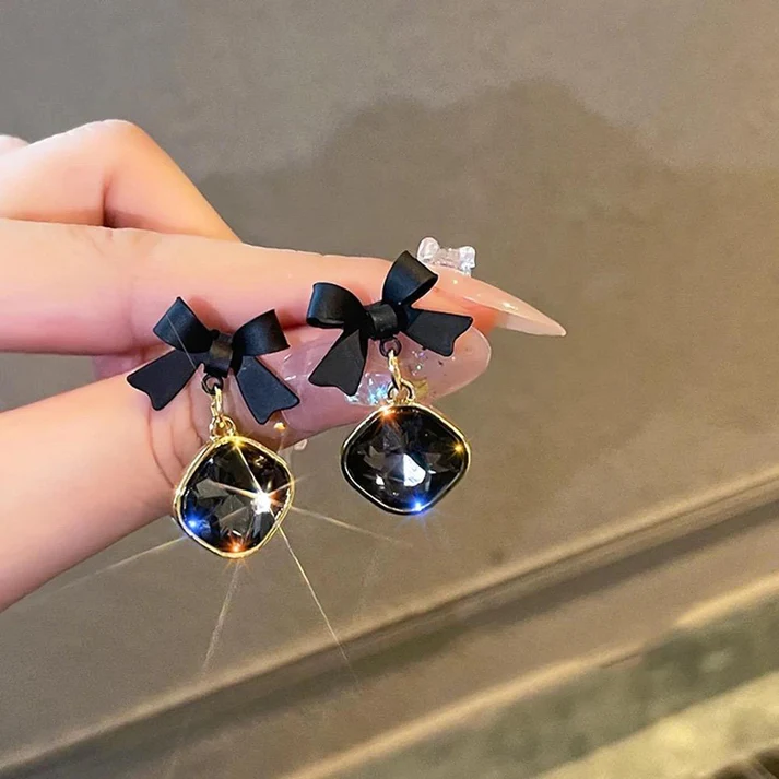 Black Bow Crystal Drop Earrings - Image 2